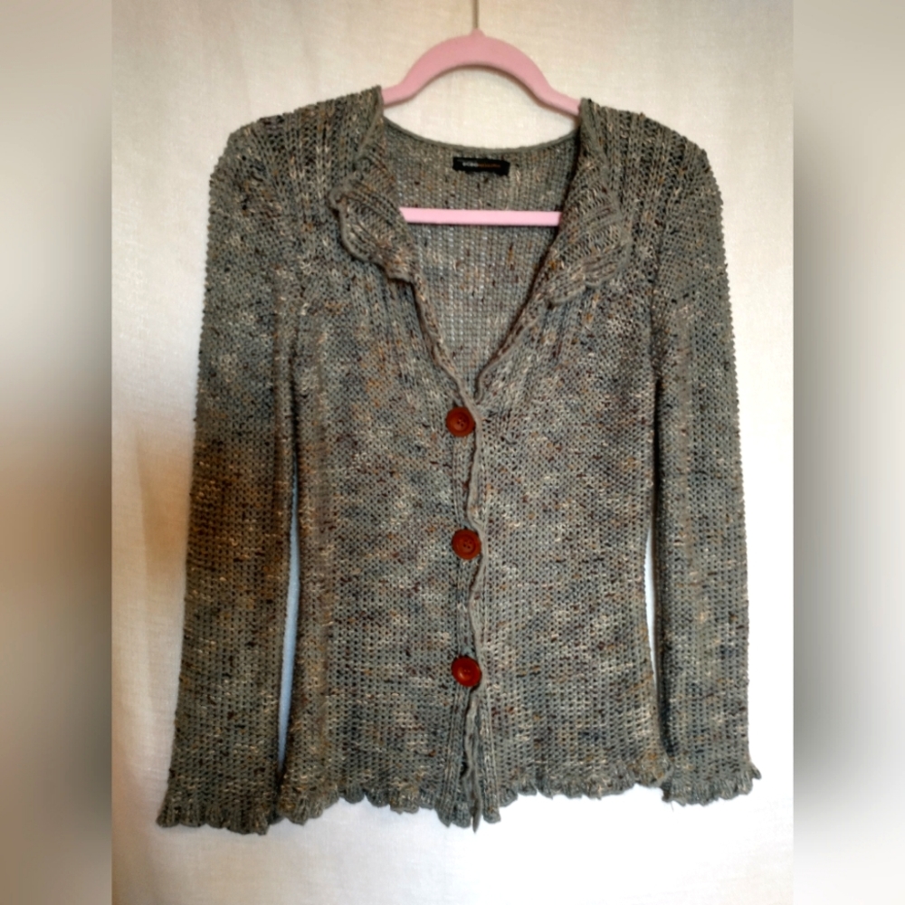 BCBG MaxAzria Green Oatmeal Colored Sweater Wooden Buttons Butterfly Sleeve